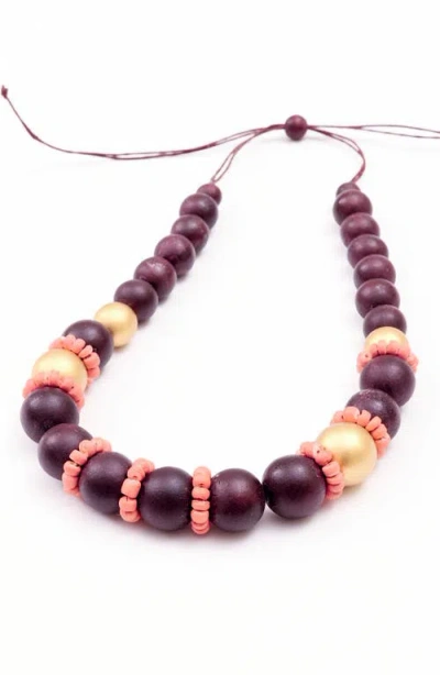 Likha Pompa Wooden Necklace In Brown