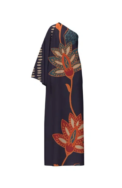 Diarrablu Handbeaded Satu Fsc® Certified Viscose One Shoulder Gown Razu Navy In Black