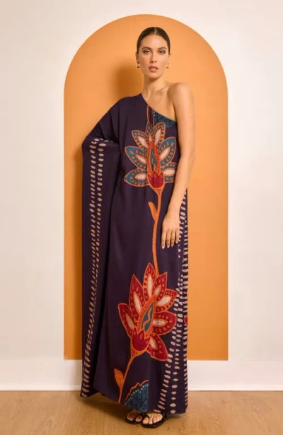 Diarrablu Handbeaded Satu Fsc® Certified Viscose One Shoulder Gown Razu Navy In Black