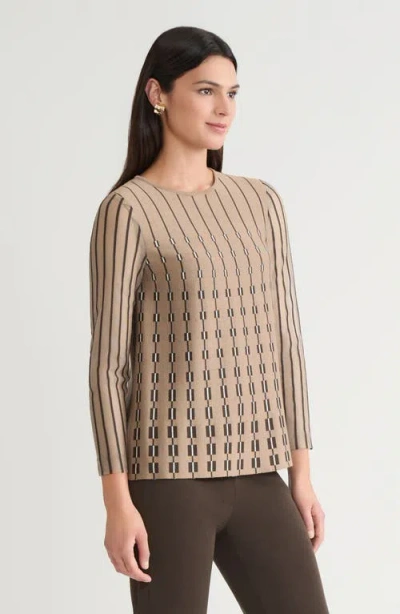 Ming Wang A-line Linear Patterned Soft Knit Top In Brown