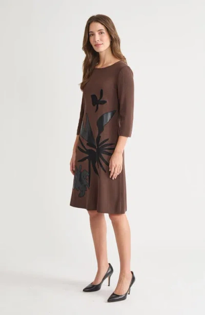 Ming Wang A-line Botanical Applique Knit Dress In Brown