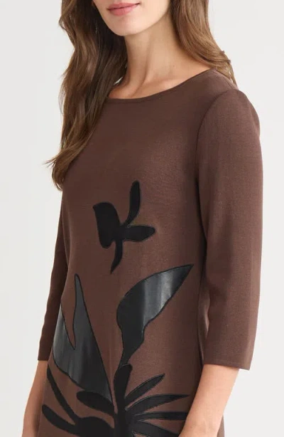 Ming Wang A-line Botanical Applique Knit Dress In Brown
