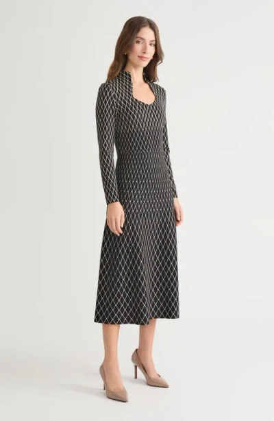 Ming Wang A-line Diamond Pattern Soft Knit Maxi Dress In Black