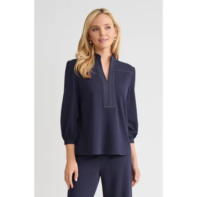 Ming Wang Stretch Deco Crepe Balloon Sleeve Blouse In Blue