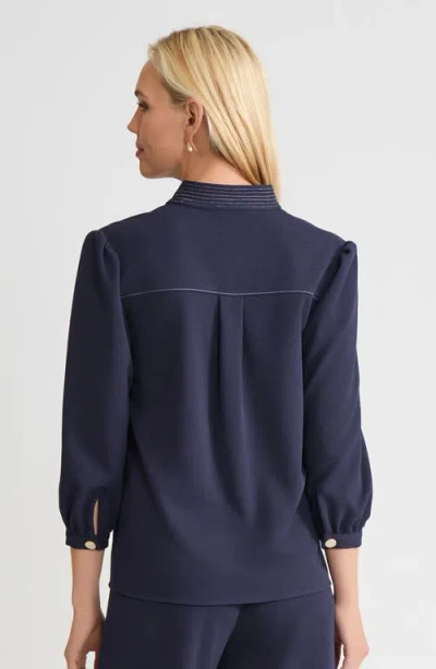 Ming Wang Stretch Deco Crepe Balloon Sleeve Blouse In Blue