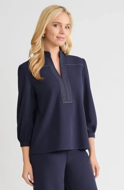 Ming Wang Stretch Deco Crepe Balloon Sleeve Blouse In Blue