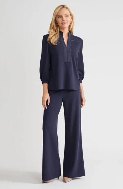 Ming Wang Stretch Deco Crepe Balloon Sleeve Blouse In Blue