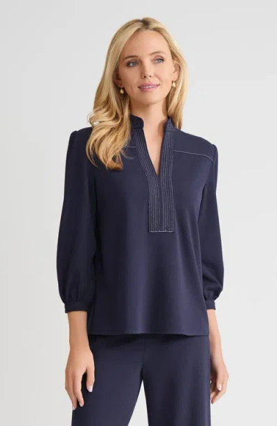 Ming Wang Stretch Deco Crepe Balloon Sleeve Blouse In Blue