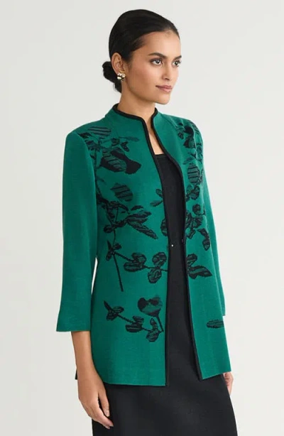 Ming Wang Heritage Contrast Trim Floral Jacquard Knit Jacket In Green