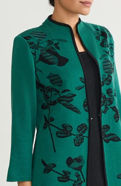 Ming Wang Heritage Contrast Trim Floral Jacquard Knit Jacket In Green
