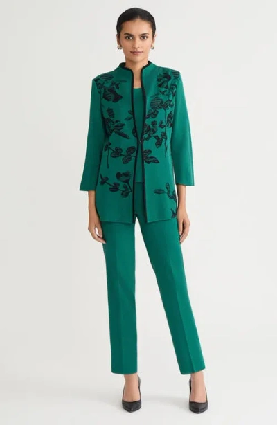 Ming Wang Heritage Contrast Trim Floral Jacquard Knit Jacket In Green