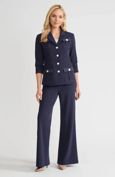 Ming Wang Heritage Stretch Deco Crepe Scrunch Sleeve Jacket In Blue