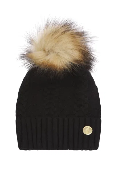 Hortons England Women's Cable Knit Cashmere  Black Pom Pom Hat In Black