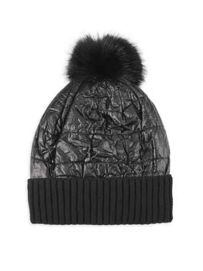 Surell Women's Metallic Puffer Beanie With Faux-fur Pom In Black