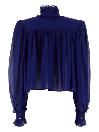Chloé Ruffle Collar Organic Silk Georgette Crop Blouse In Blue