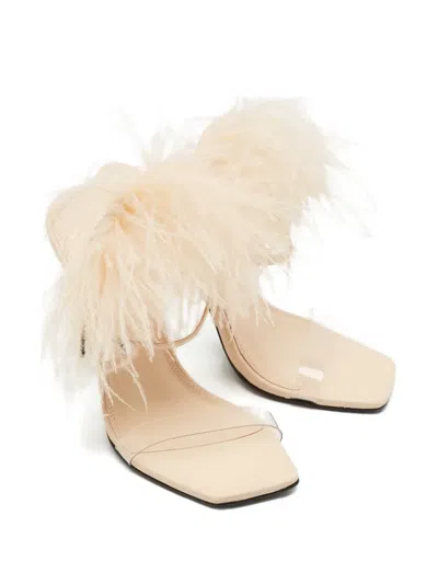 Pre-owned Black Suede Studio X Caroline Stanbury Feather-trim Sandals In Neutral