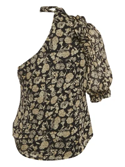 Pre-owned Polo Ralph Lauren Vintage Floral-print One-shoulder Blouse In Black