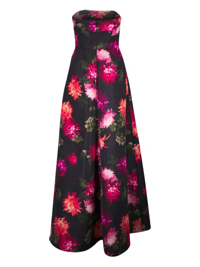 Carolina Herrera Chrysanthemum Print Strapless Faille Gown In Black