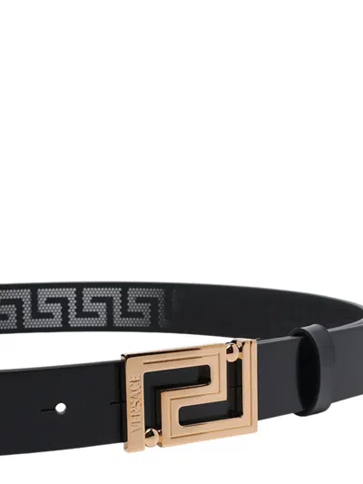 Versace Greca Buckle Leather Belt In Black