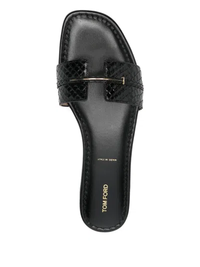 Tom Ford Python-effect Leather Flat Slides Shoes In Black