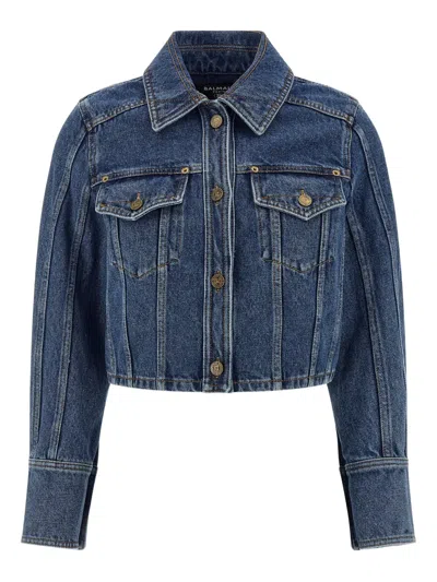 Balmain Buttoned Cropped Denim Jacket In Blue