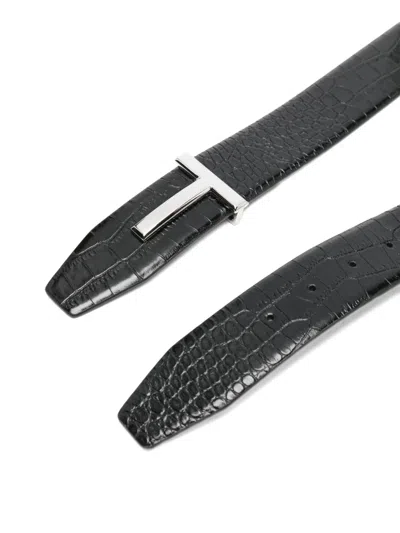 Tom Ford Reversible Crocodile Effect Belt With Metallic Buckle In Black