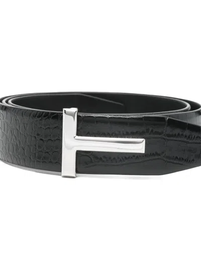 Tom Ford Reversible Crocodile Effect Belt With Metallic Buckle In Black