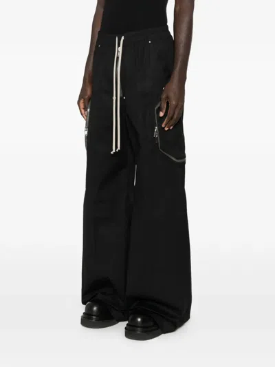 Rick Owens Heizer Belas Wide-leg Cotton-blend Poplin Drawstring Cargo Trousers In Black
