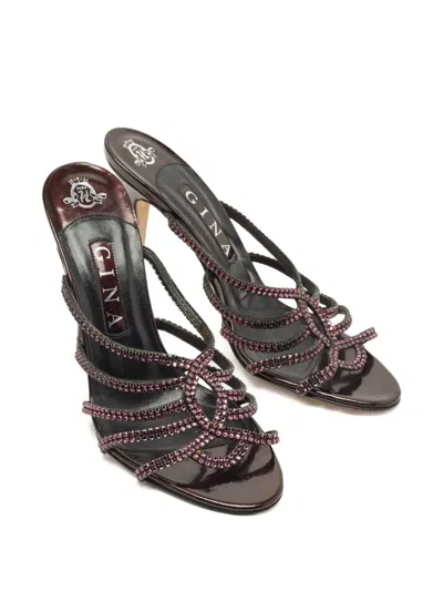 Pre-owned Gina Crystal Embellished Leather Sandals In Brown