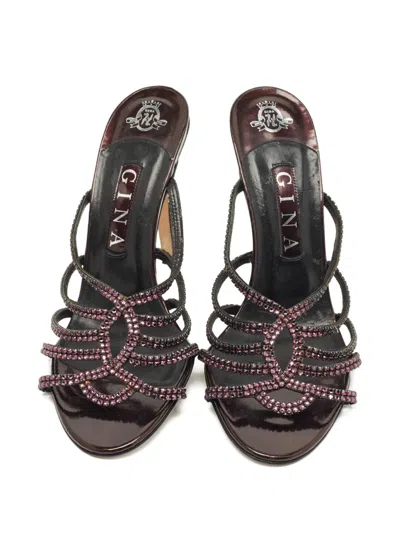 Pre-owned Gina Crystal Embellished Leather Sandals In Brown