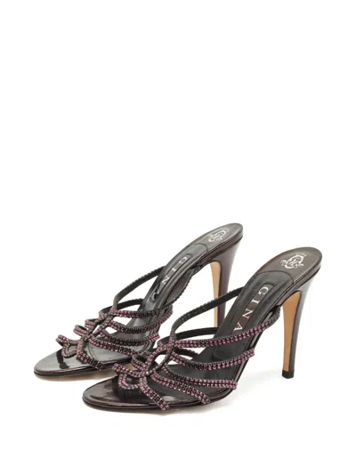 Pre-owned Gina Crystal Embellished Leather Sandals In Brown