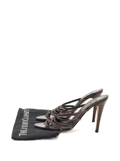 Pre-owned Gina Crystal Embellished Leather Sandals In Brown