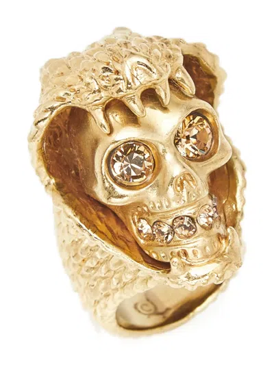 Pre-owned Alexander Mcqueen Skull Snake Crystal Ring In Gold