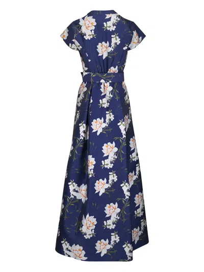 Sachin & Babi Marta Pleated Floral-print Mikado Gown In Blue