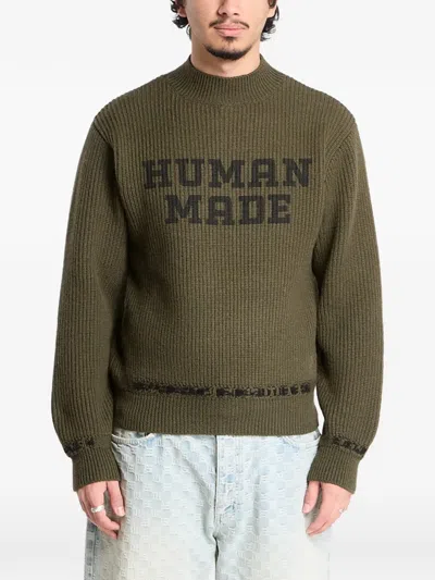 Human Made Mock-neck Logo Knitted Sweater In Green