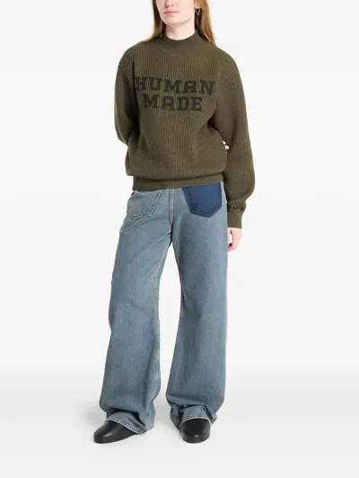 Human Made Mock-neck Logo Knitted Sweater In Green