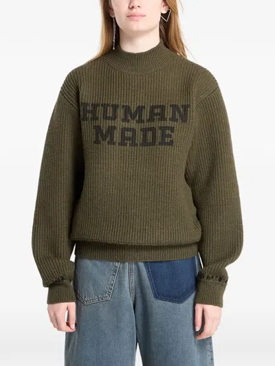 Human Made Mock-neck Logo Knitted Sweater In Green