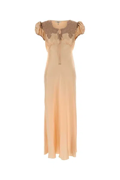 Chloé Satin Dress Puff Sleeves Maxi Lace In Neutral