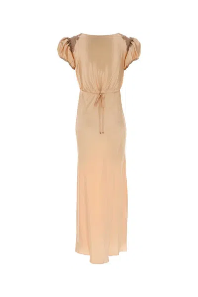 Chloé Satin Dress Puff Sleeves Maxi Lace In Neutral