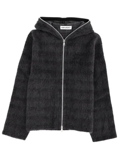 Our Legacy Checked Brushed Wool-blend Zip-up Hoodie In Gray