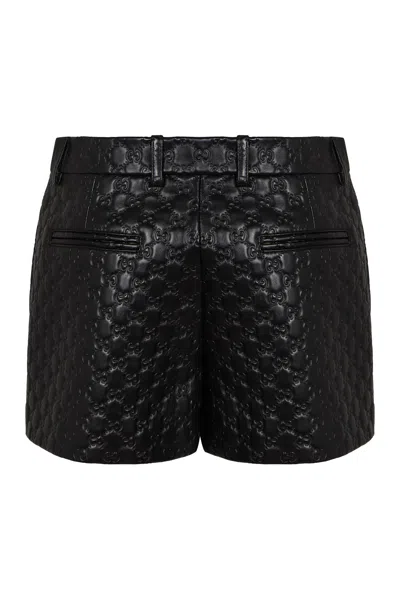 Gucci Leather Shorts With Gg Embossing In Black