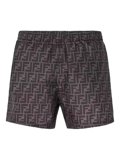 Fendi Tech Fabric With All-over Ff Pattern Swim Shorts In Brown