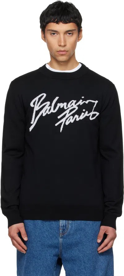 Balmain Paris Logo Intarsia Merino Wool Blend Sweater In Black