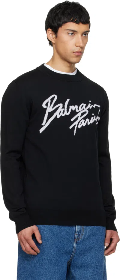 Balmain Paris Logo Intarsia Merino Wool Blend Sweater In Black