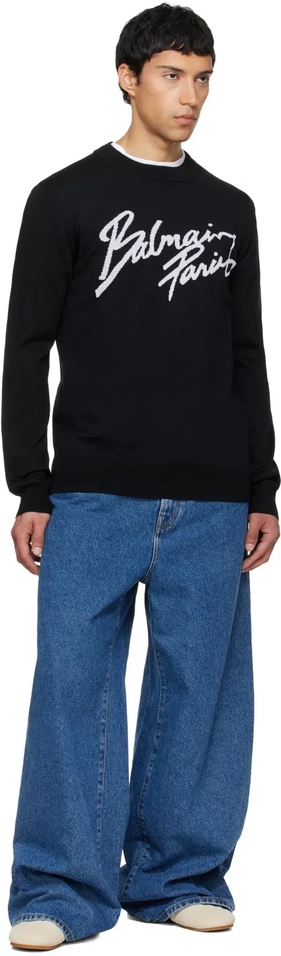 Balmain Paris Logo Intarsia Merino Wool Blend Sweater In Black