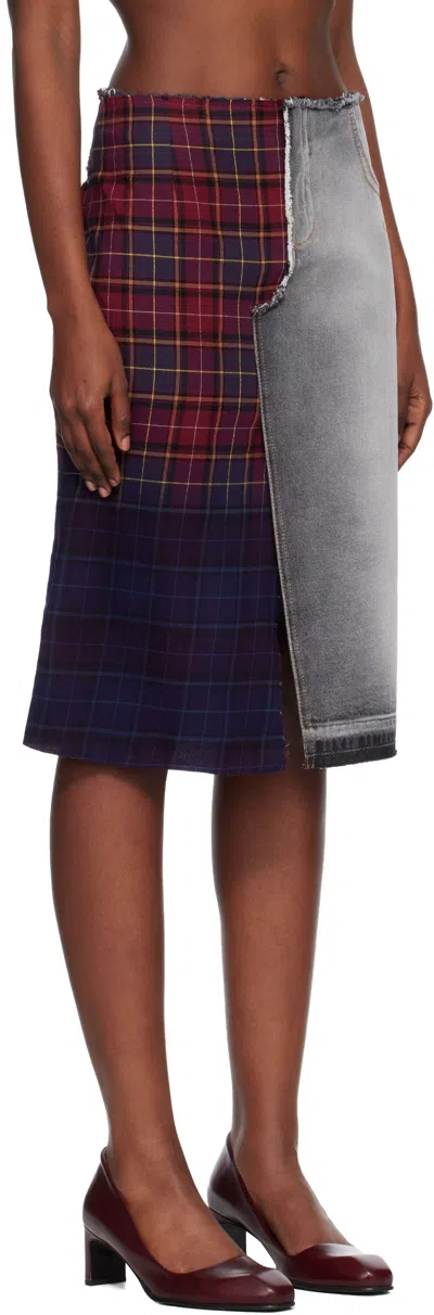 Off-white Red & Blue Check Flannel Denim Midi Skirt In Multi