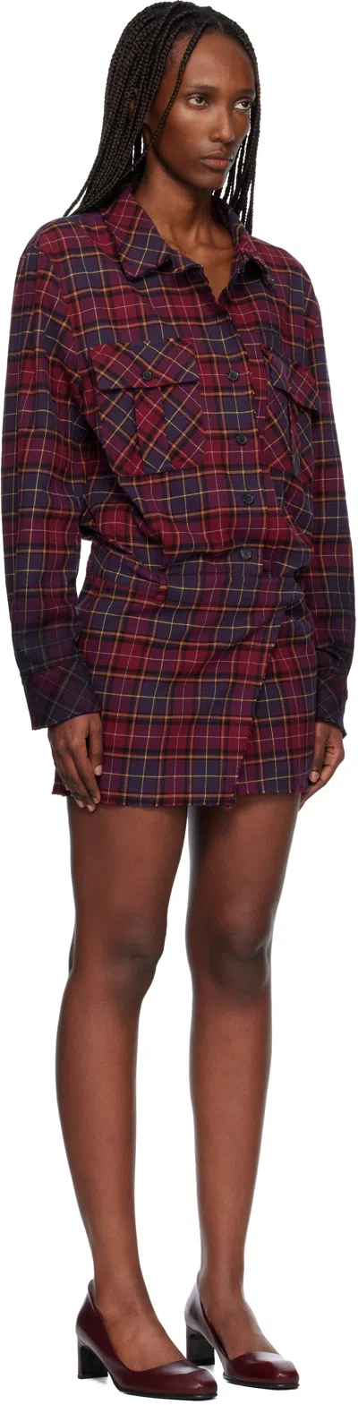 Off-white Red Check Flannel Arrow Minidress In Burgundy