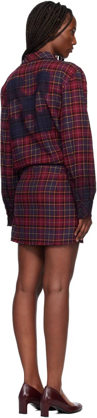 Off-white Red Check Flannel Arrow Minidress In Burgundy