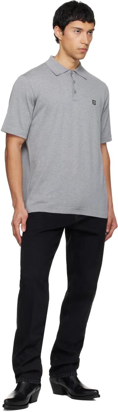 Balmain Embroidered Cotton Polo In Gray