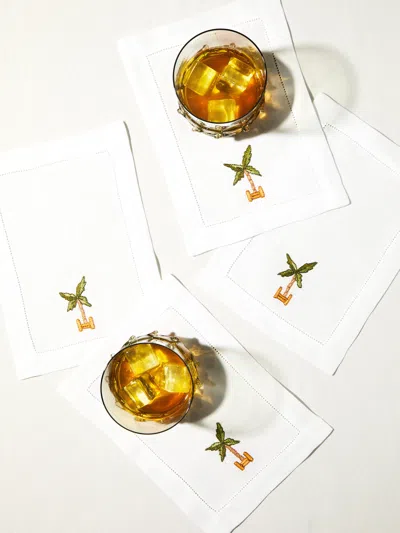Loretta Caponi Palm Tree Hand-embroidered Linen Cocktail Napkins (set Of 6) In Multi